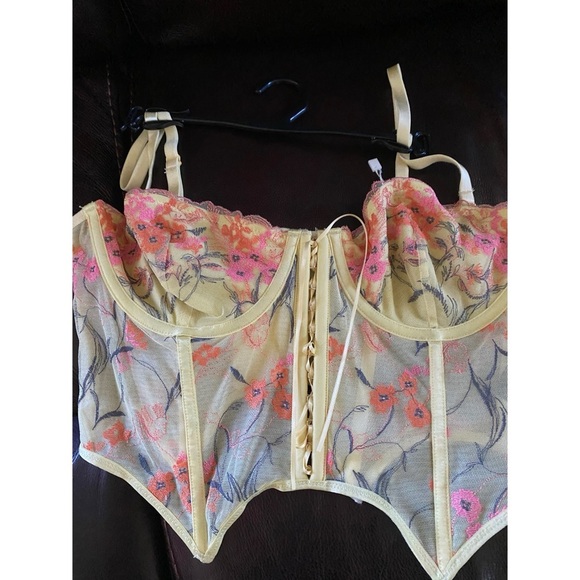 Out From Under Floral Yellow Semi Sheer Mesh Embroidered Coquette Bustier L - Picture 2 of 14